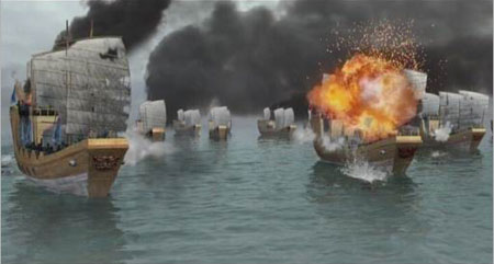 清朝水軍和臺灣鄭氏水軍在彭湖海面爆發激烈決戰