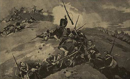 日軍向俄軍堅守的旅順港要塞發起第一次進攻